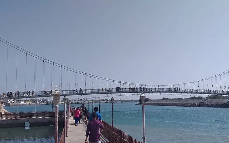The Sudama Setu pedestrian suspension bridge over the Gomti creek