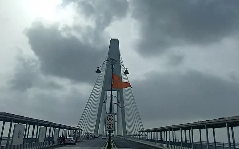 The pylon and deck of the Sudarshan Setu cable-stayed bridge