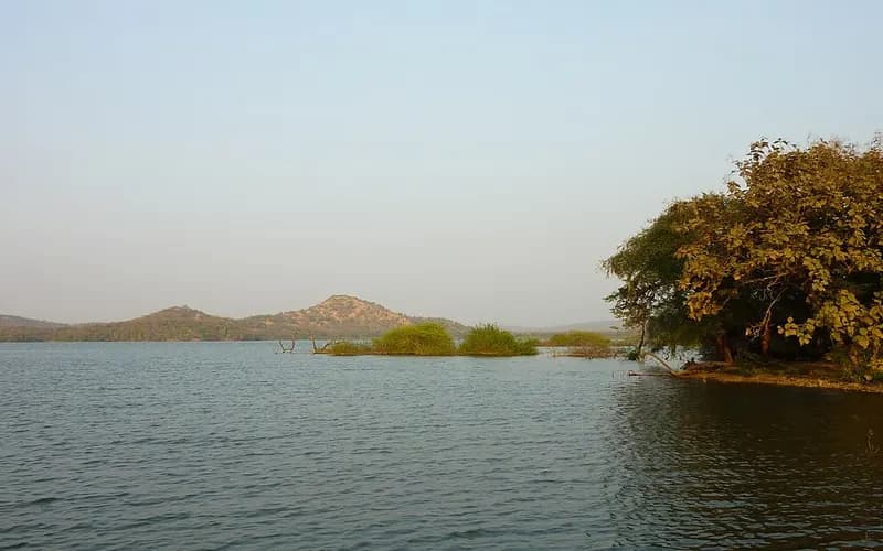 The Kamleshwar Dam reservoir with the Gir hills behind
