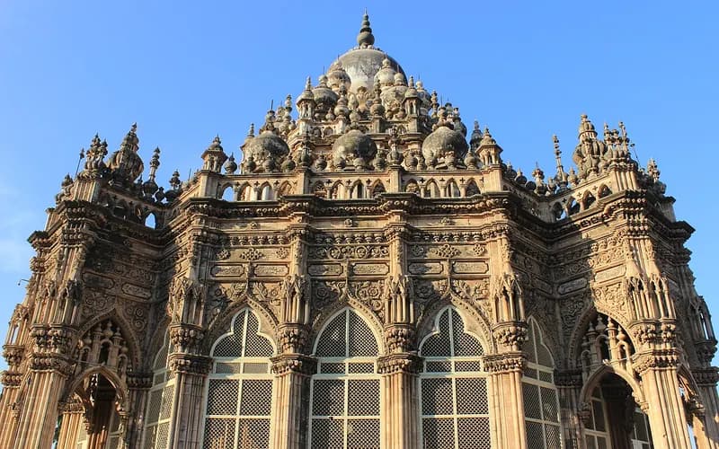 The domes and carved facade of the Mahabat Maqbara mausoleum