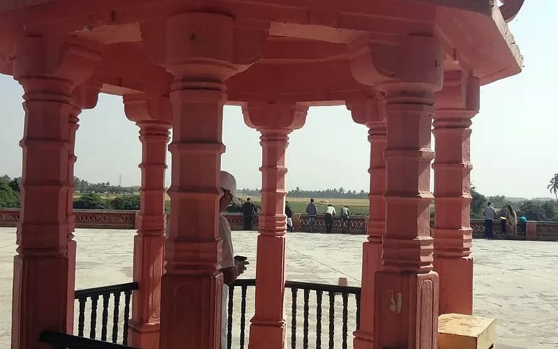 Pillared mandap at Dehotsarg Tirth overlooking the fields